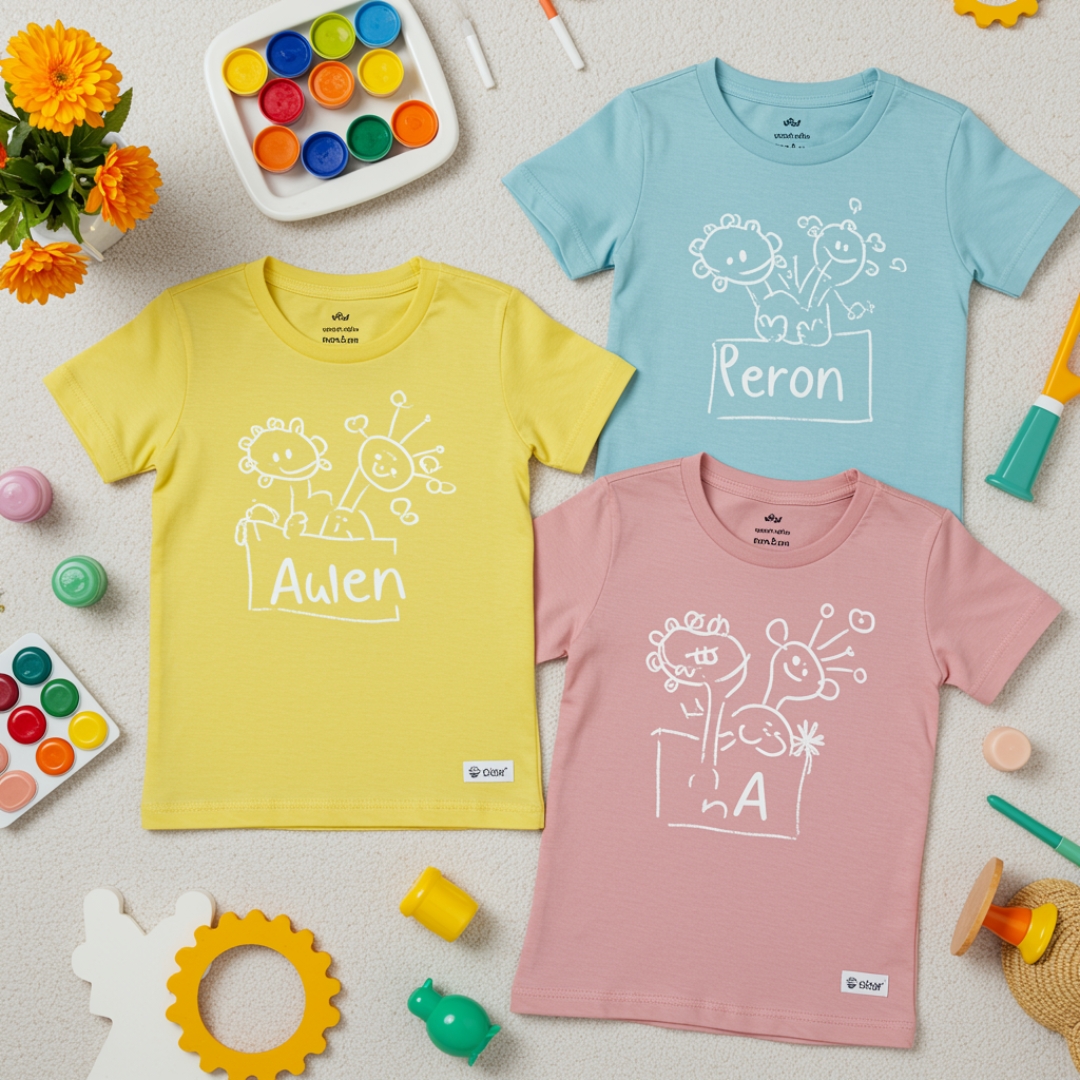 Custom organic cotton kids' t-shirt mockup, fun colors, children's product by Print Design SF