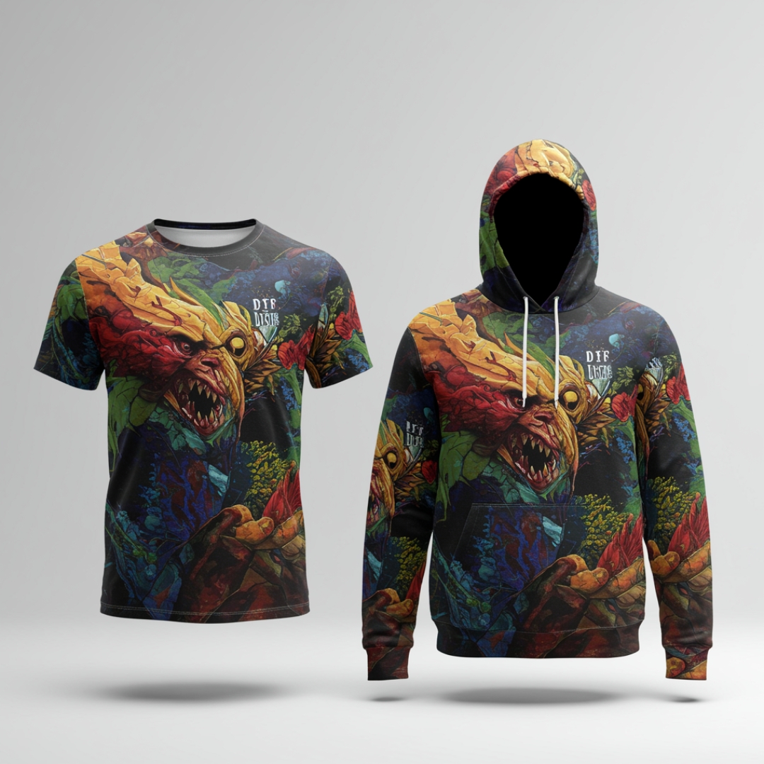 Custom DTF printing mockup on a T-shirt and sweatshirt, vibrant colors and sharp details, by Print Design SF