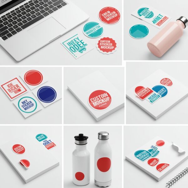 Custom sticker mockup in various shapes and sizes, vibrant colors, water and sun resistant, product by Print Design SF