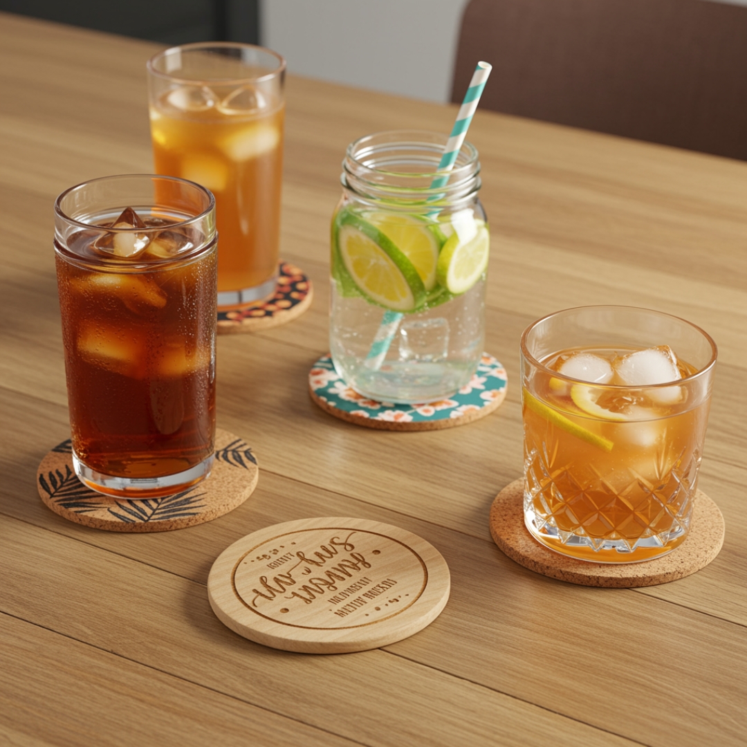 Custom cork or wood coaster mockup, creative print, product by Print Design SF