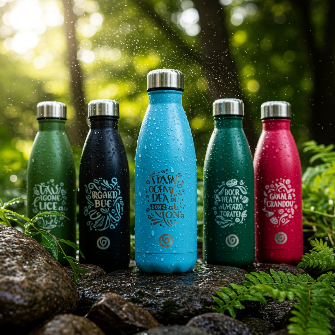 Custom reusable water bottle mockup, stainless steel, eco-friendly product by Print Design SF