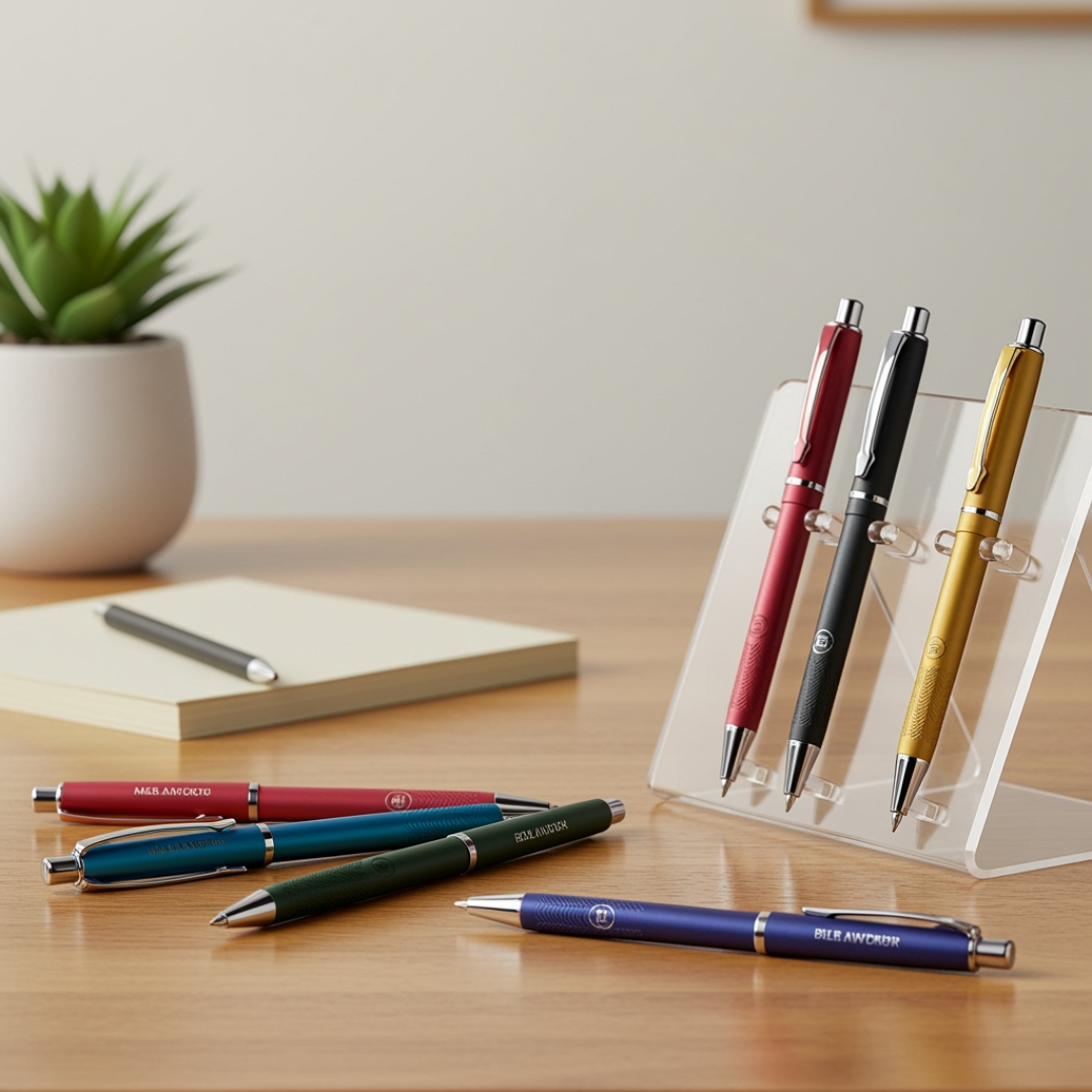 Personalized pen mockup with laser engraving, corporate gift, product by Print Design SF