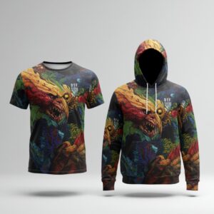 Custom DTF printing mockup on a T-shirt and sweatshirt, vibrant colors and sharp details, by Print Design SF