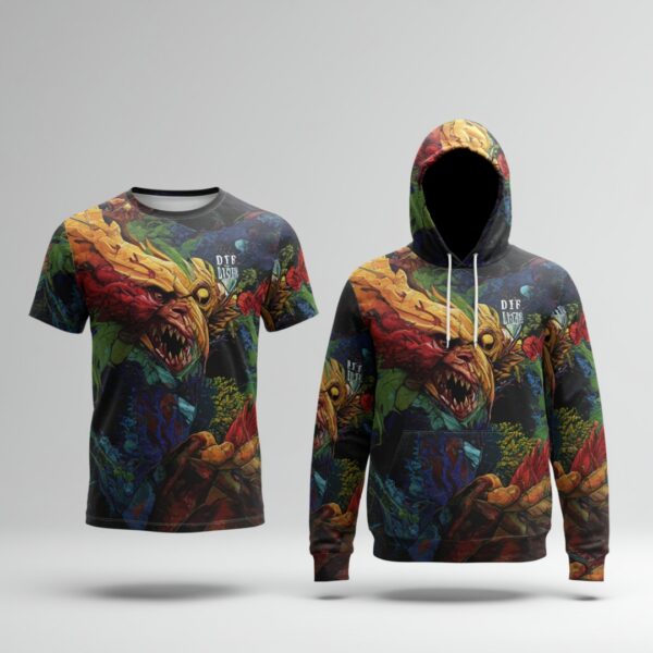 Custom DTF printing mockup on a T-shirt and sweatshirt, vibrant colors and sharp details, by Print Design SF