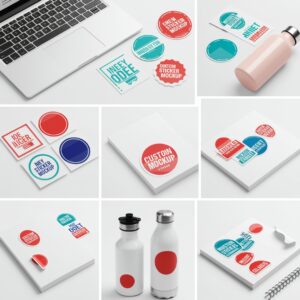 Custom sticker mockup in various shapes and sizes, vibrant colors, water and sun resistant, product by Print Design SF
