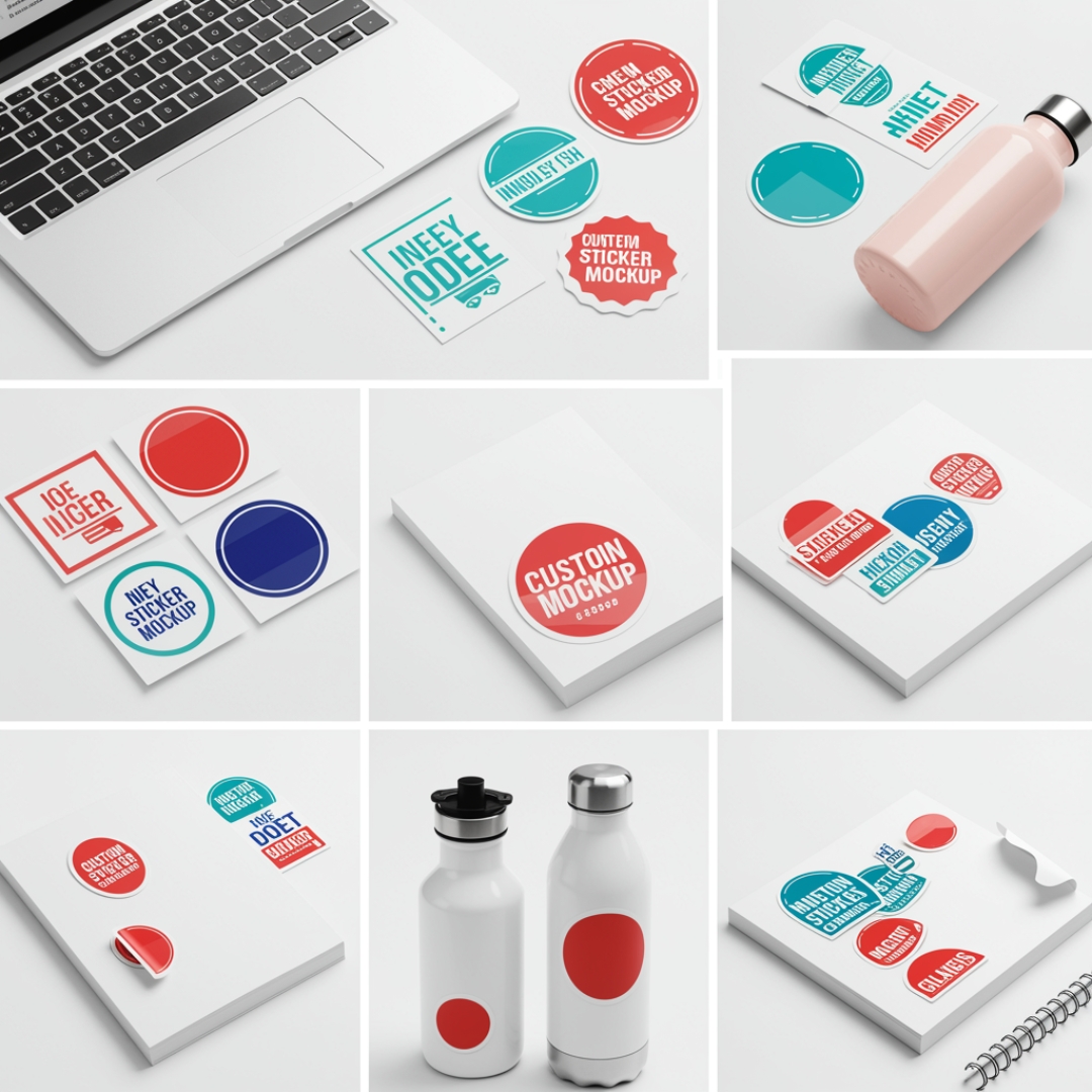 Custom sticker mockup in various shapes and sizes, vibrant colors, water and sun resistant, product by Print Design SF