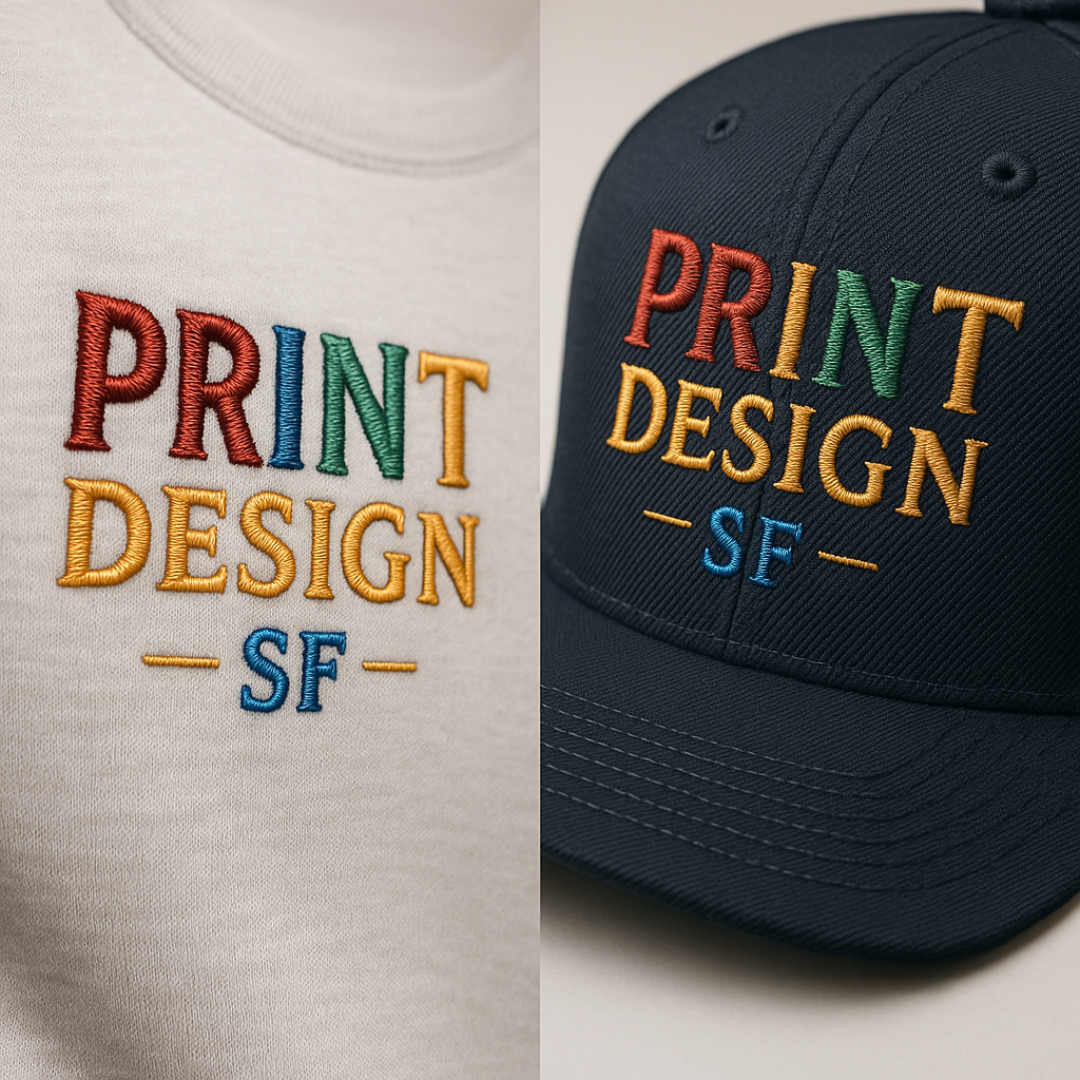 Custom embroidery detail on a T-shirt and cap, vibrant colors and high quality, service by Print Design SF