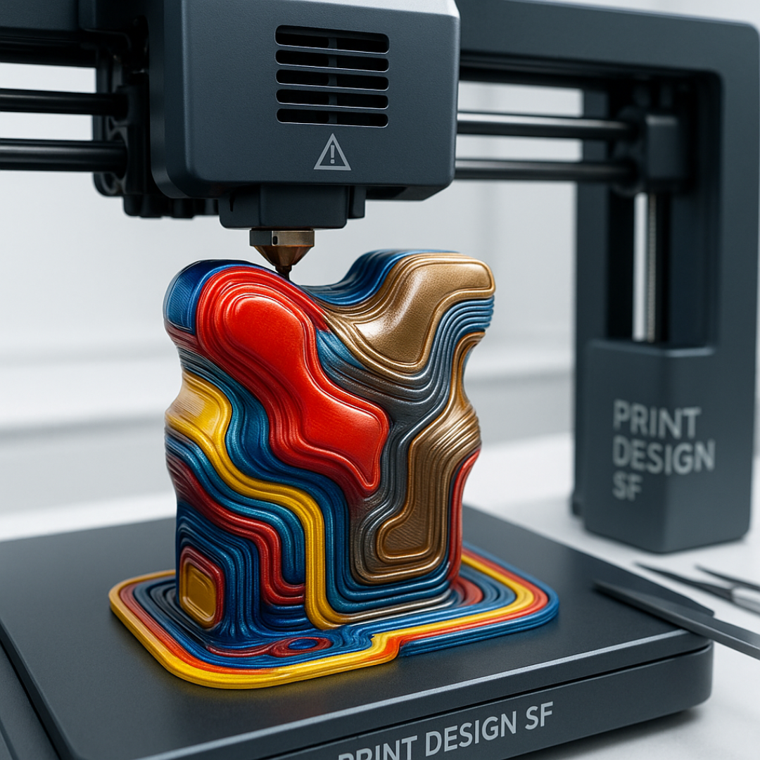 3D printer creating a custom part, various materials and colors, professional service from Print Design SF