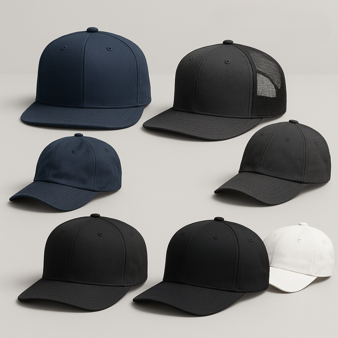 Custom cap mockup with embroidered or printed logo, various styles and colors, product by Print Design SF