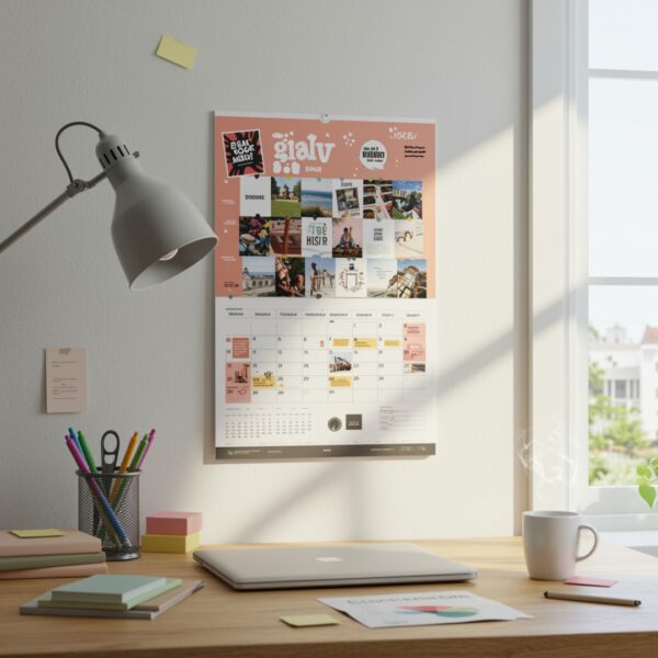Personalized photo wall calendar mockup, creative design, product by Print Design SF