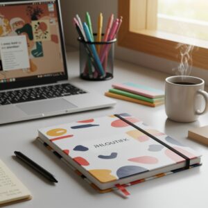 Personalized notebook mockup with creative cover, eco-friendly stationery, product by Print Design SF